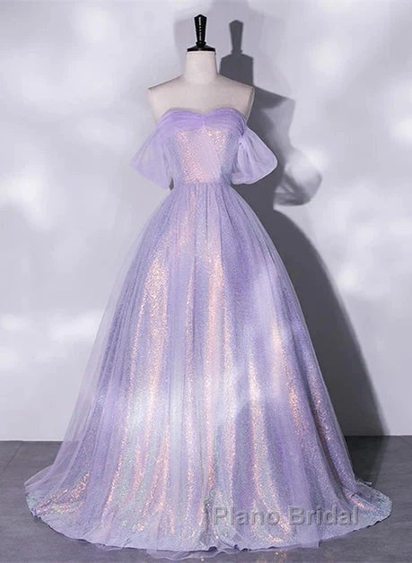 A Charming Sequin Lavender A-Line Sheer Strapless Dance Dresses, Lavender Princess Off The Shoulder Sleeveless Sheer Evening Dresses