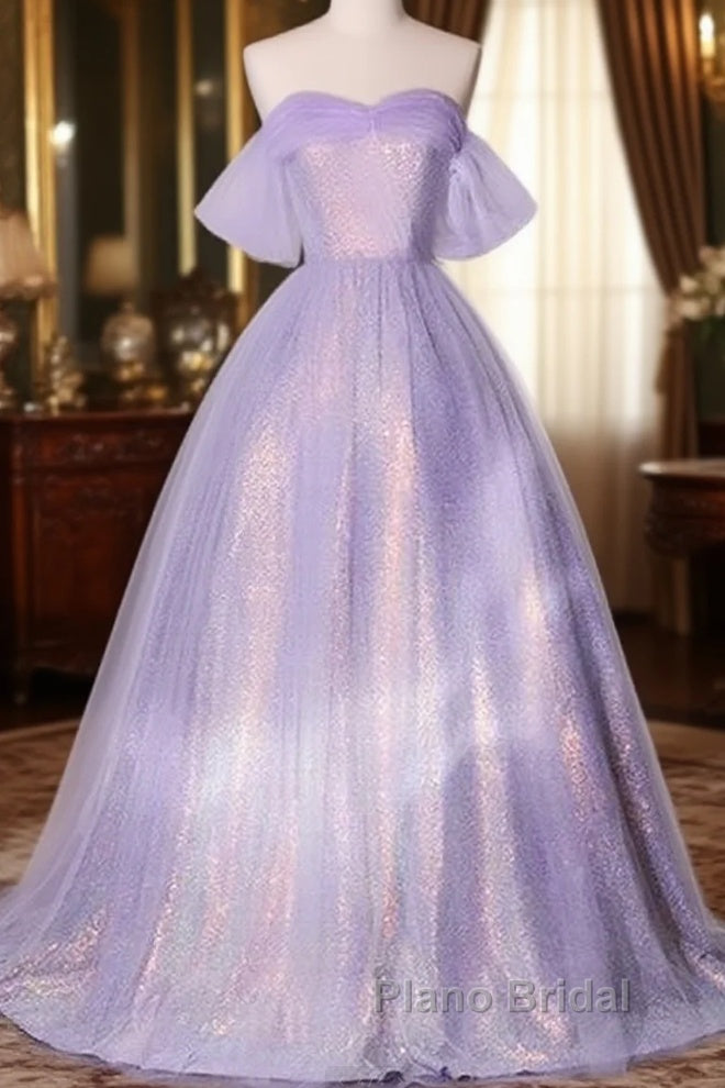 A Charming Sequin Lavender A-Line Sheer Strapless Dance Dresses, Lavender Princess Off The Shoulder Sleeveless Sheer Evening Dresses Main image