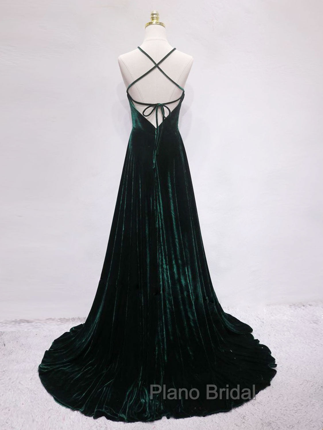 A-Line Backless Green Velvet Long Formal Prom Dresses, Green Formal Evening Dresses