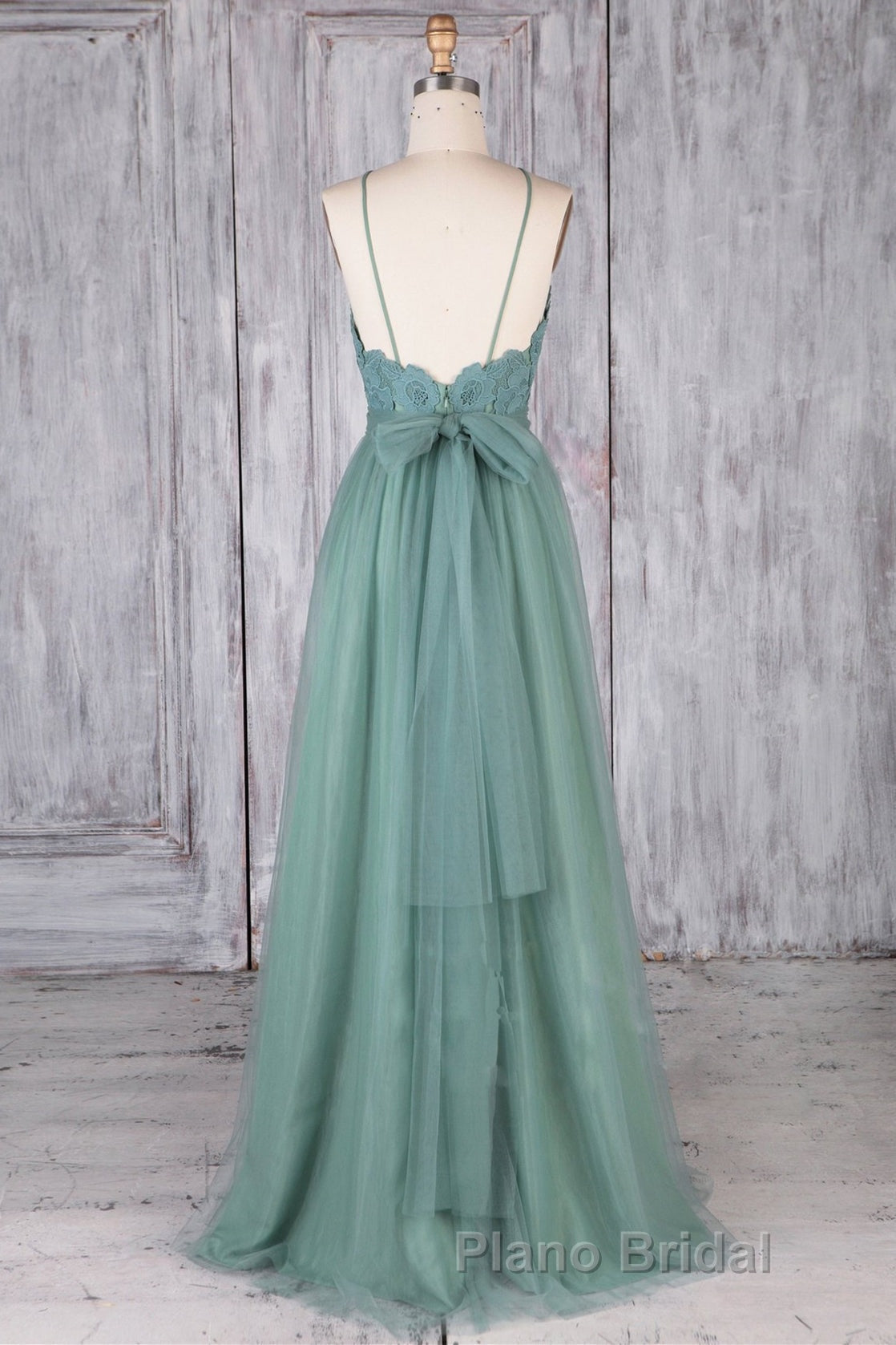 A Line Backless Lace Green Long Formal Prom Dresses, Backless Green Lace Formal Graduation Evening Dresses