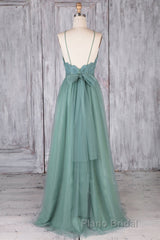 A Line Backless Lace Green Long Formal Prom Dresses, Backless Green Lace Formal Graduation Evening Dresses