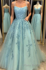 A Line Backless Lace Long Sky Blue Formal Prom Dress, Backless Sky Blue Lace Formal Dress, Sky Blue Evening Dress