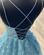A Line Backless Lace Long Sky Blue Formal Prom Dress, Backless Sky Blue Lace Formal Dress, Sky Blue Evening Dress