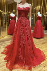 A Line Backless Red Lace Long Formal Prom Dress, Long Red Lace Formal Dress, Red Evening Dress