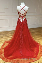 A Line Backless Red Lace Long Formal Prom Dress, Long Red Lace Formal Dress, Red Evening Dress