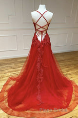 A Line Backless Red Lace Long Formal Prom Dress, Long Red Lace Formal Dress, Red Evening Dress