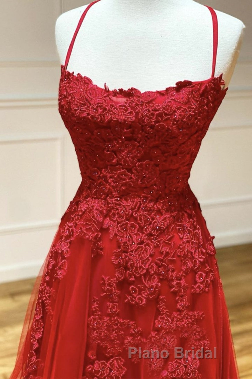 A Line Backless Red Lace Long Formal Prom Dress, Long Red Lace Formal Dress, Red Evening Dress