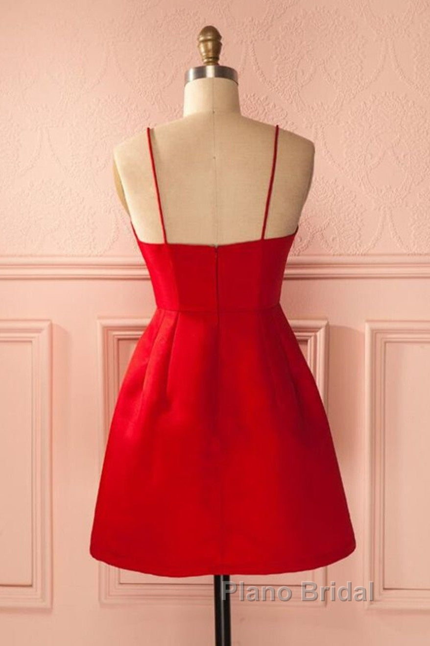 A Line Backless Short Red Formal Prom Dresses, Short Red Satin Homecoming Graduation Dresses, Red Formal Dresses