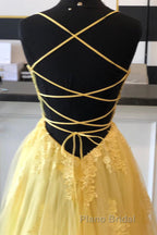 A Line Backless Yellow Lace Floral Long Formal Prom Dress with High Slit, Open Back Yellow Lace Formal Dress, Yellow Lace Evening Dress