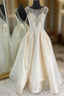 A-Line Bateau Backless Ivory Satin Beading Long Formal Prom Dresses