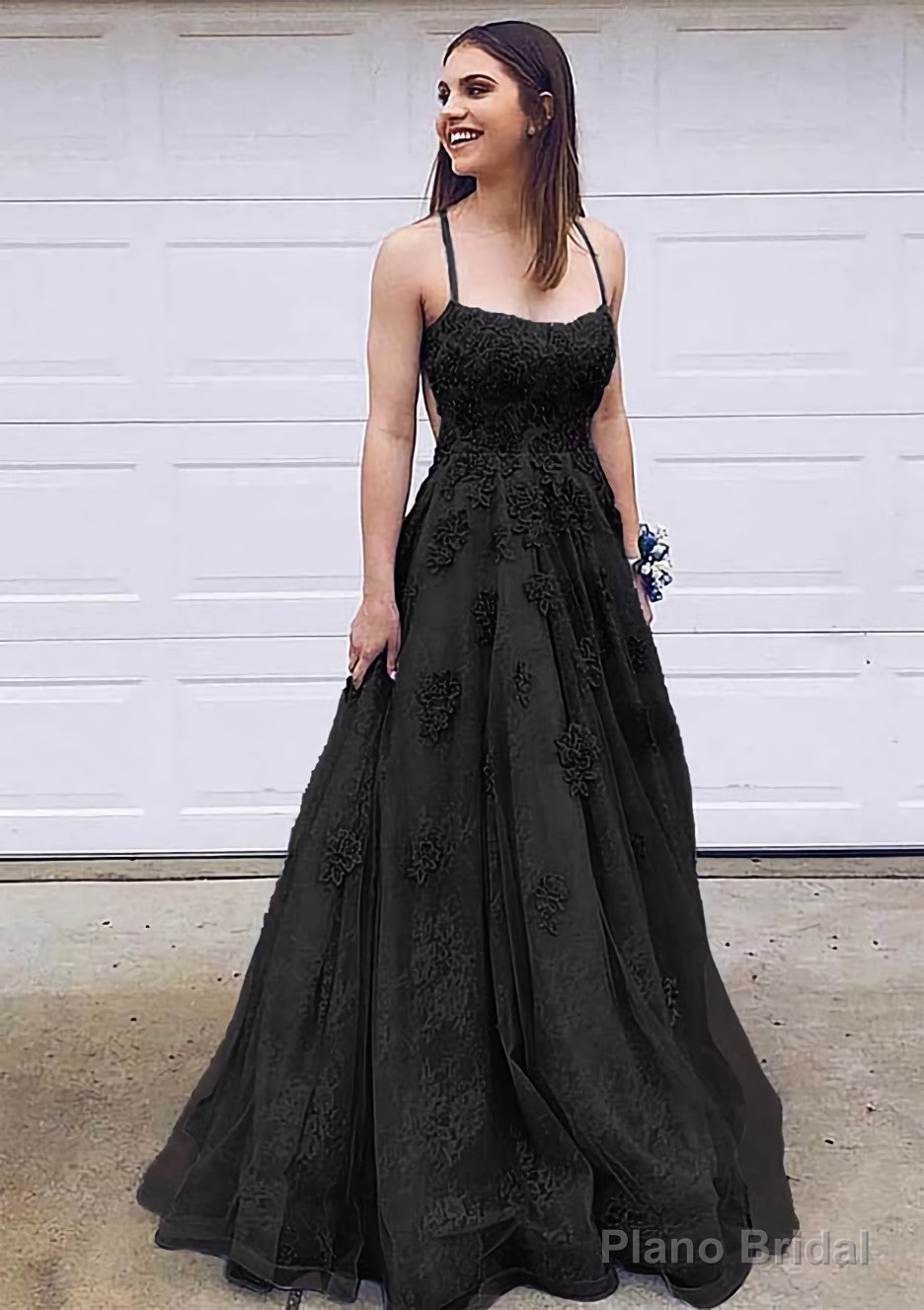 A-line Bateau Court Train Lace Prom Dresses With Appliqued
