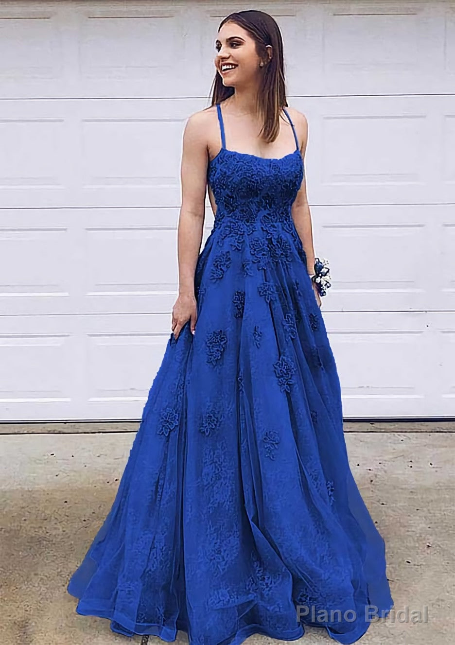 A-line Bateau Court Train Lace Prom Dresses With Appliqued