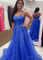 A-line Bateau Court Train Tulle Glitter Prom Dresses With Appliqued Beading