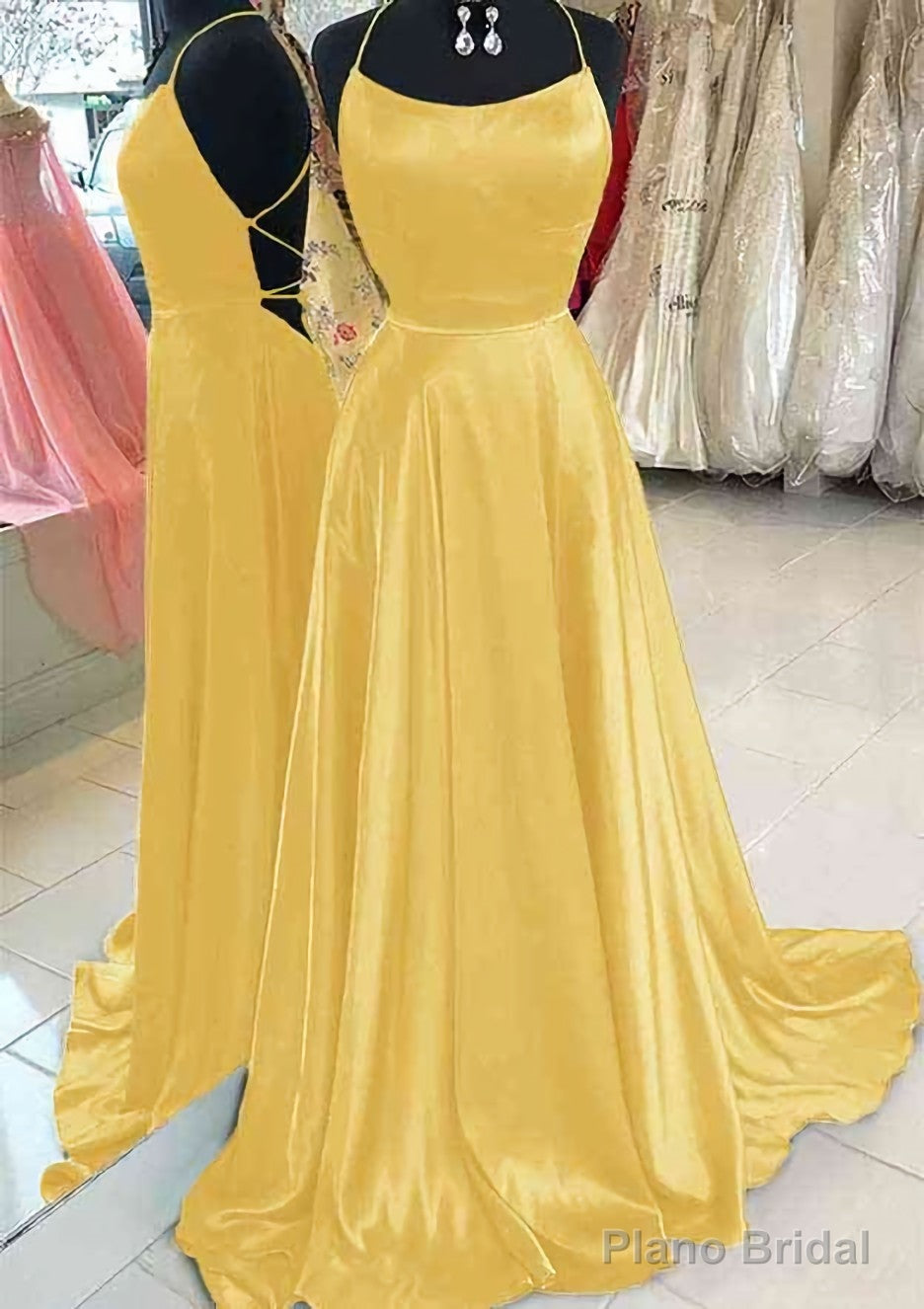 A-line Bateau Spaghetti Straps Sweep Train Charmeuse Prom Dresses