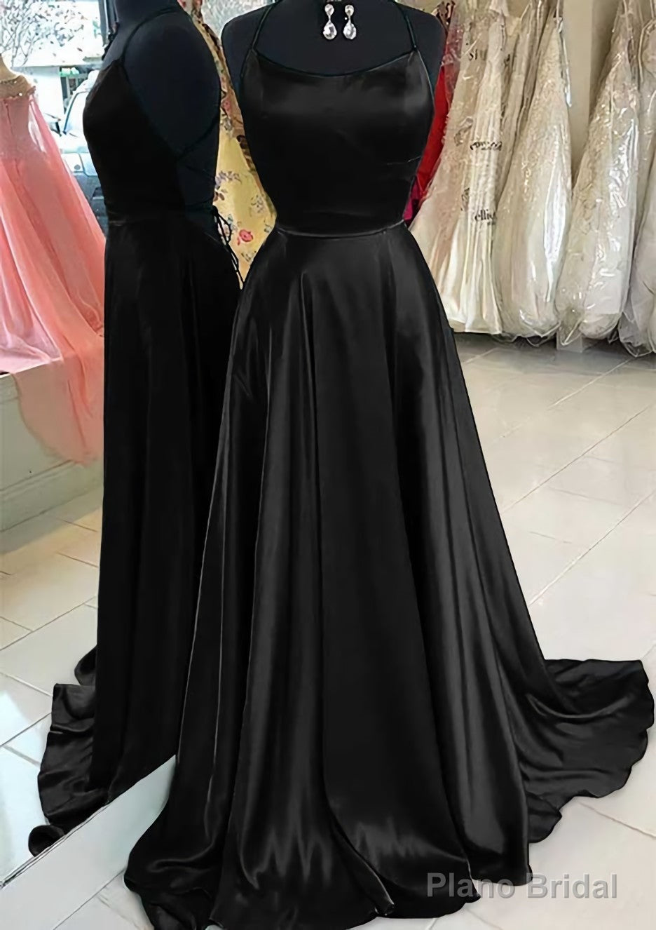 A-line Bateau Spaghetti Straps Sweep Train Charmeuse Prom Dresses