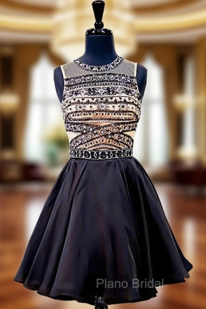 A-line Beaded Crystals Backless Black Short Homecoming Dresses Main image