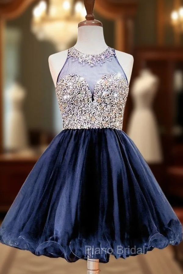 A-line Beaded Crystals Navy Blue Party Homecoming Dresses