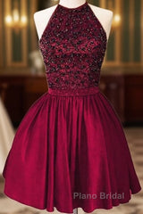 A-Line Beaded Halter Keyhole Back Satin Homecoming Dresses Short