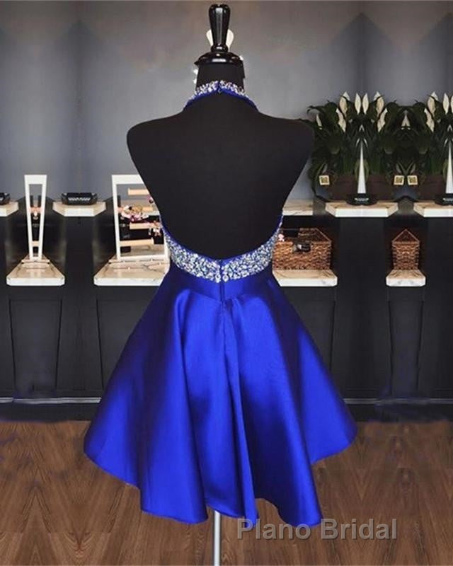 A-line Beaded Halter Satin Formal Prom Dresses Short Open Back Homecoming Dresses Secondary image