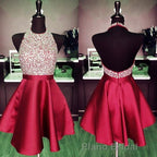 A-line Beaded Halter Satin Formal Prom Dresses Short Open Back Homecoming Dresses