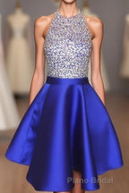 A-line Beaded Halter Satin Formal Prom Dresses Short Open Back Homecoming Dresses