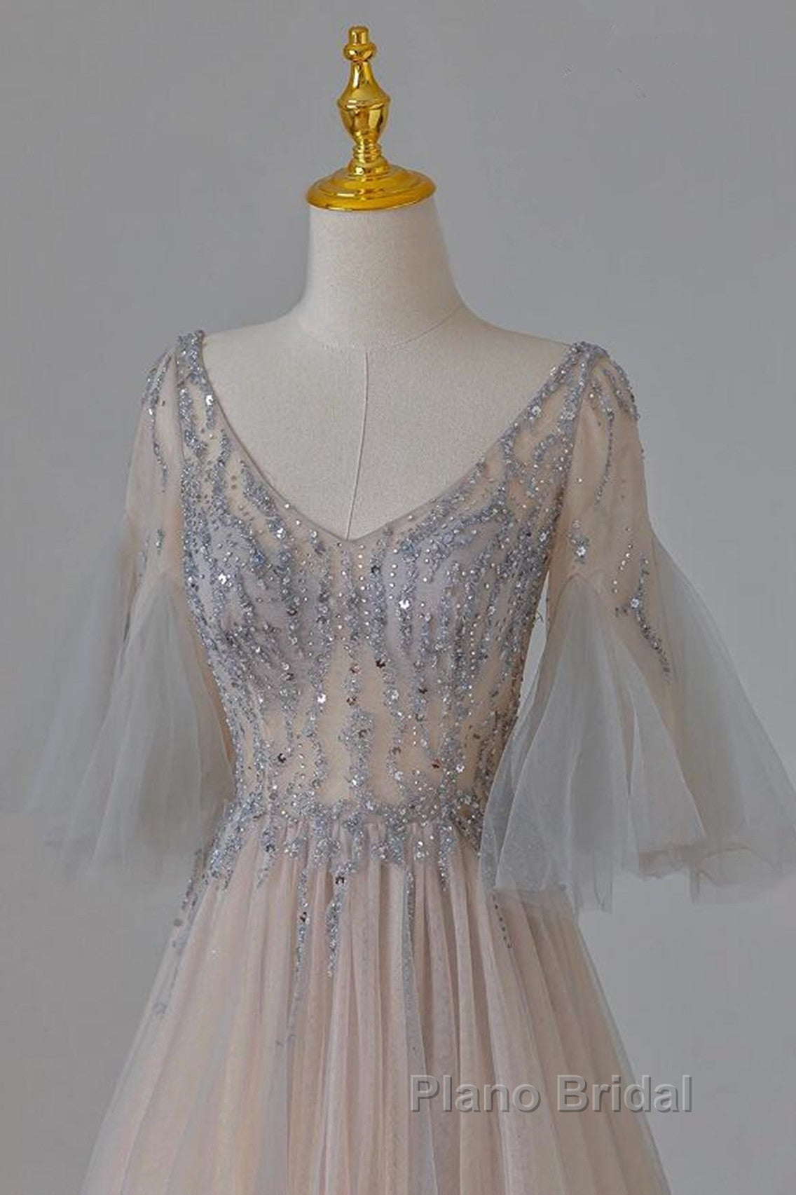 A-Line Beaded V-Neckline Tulle Formal Dresses, Puffy Sleeves Long Formal Prom Dresses Secondary image