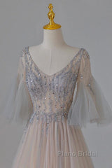 A-Line Beaded V-Neckline Tulle Formal Dresses, Puffy Sleeves Long Formal Prom Dresses