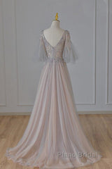 A-Line Beaded V-Neckline Tulle Formal Dresses, Puffy Sleeves Long Formal Prom Dresses