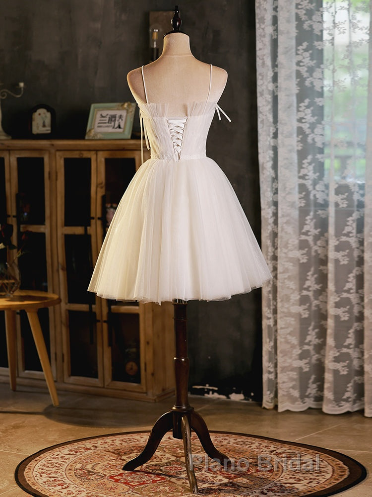 A-Line Beige Tulle Short Formal Prom Dress, Beige Cute Homecoming Dress