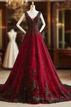 A-line Black and Red Tulle with Lace Party Dresses, Black and Red Formal Dresses