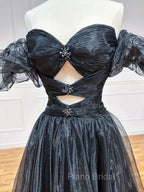 A-Line Black Organza Long Formal Prom Dresses