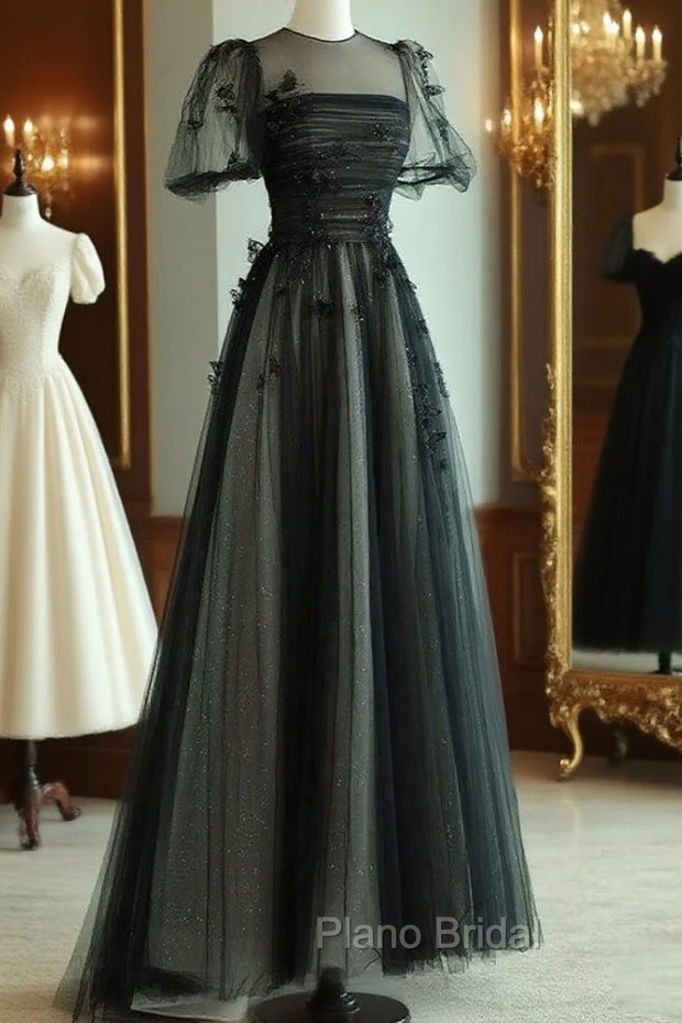 A-Line Black Puff Sleeves Tulle Long Formal Prom Dresses, Black Formal Evening Dresses Main image