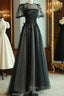 A-Line Black Puff Sleeves Tulle Long Formal Prom Dresses, Black Formal Evening Dresses