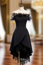 A-Line Black Satin  Lace Of the Shoulder Formal Prom Dresses
