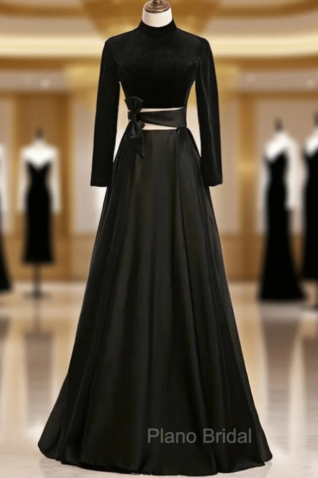 A-Line Black Satin High Neck Long Sleeve Formal Prom Dresses