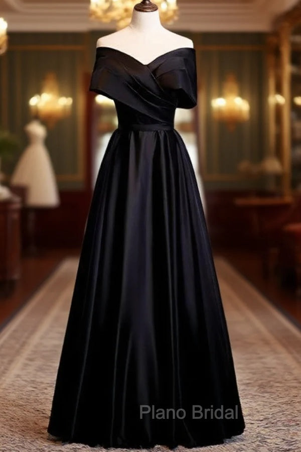 A-Line Black Satin Off the Shoulder Pleats Formal Prom Dresses Main image