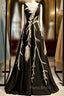 A-Line Black Satin See Through V-neck Appliques Formal Prom Dresses