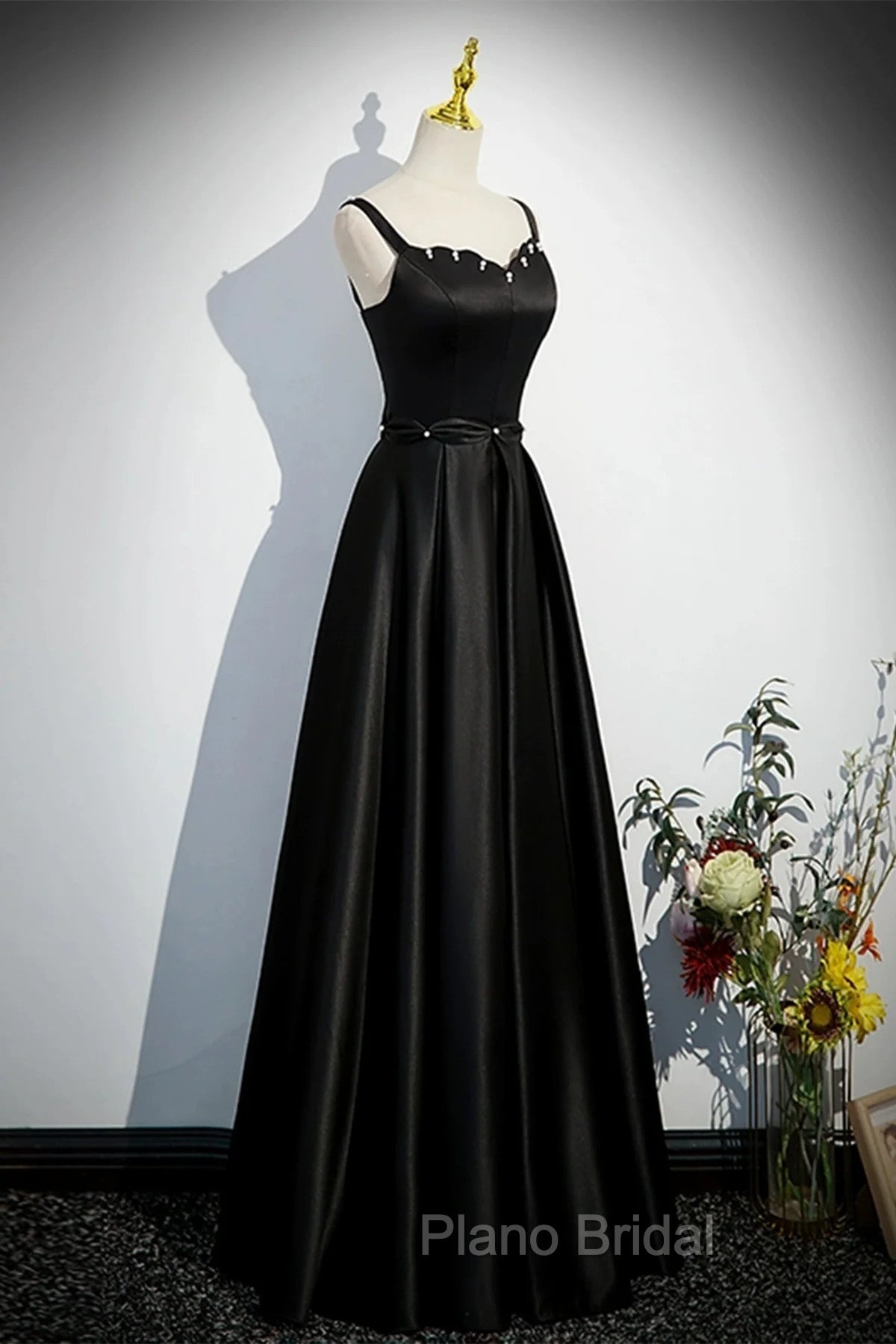 A-line Black Satin Straps Long Formal Dresses, Black Simple Formal Prom Dresses