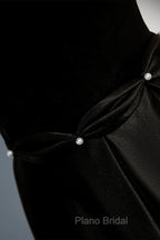 A-line Black Satin Straps Long Formal Dresses, Black Simple Formal Prom Dresses