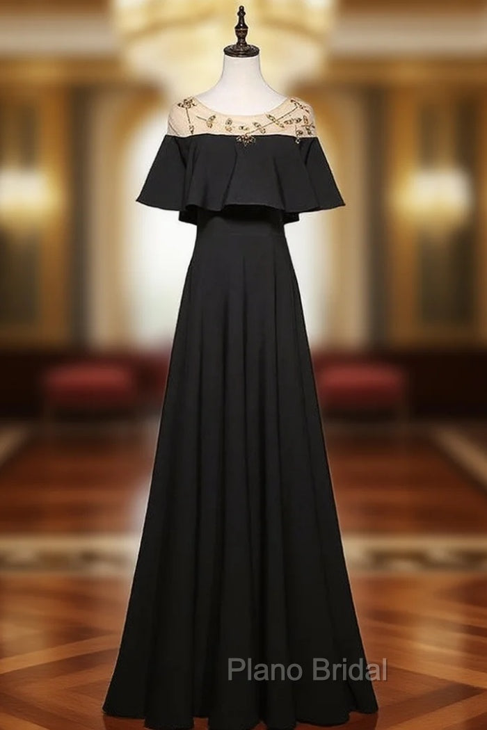 A-Line Black Scoop Neck Beading Formal Prom Dresses Main image