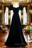 A-line Black Short Sleeves Velvet Long Party Dresses, Black Simple Bridesmaid Dresses