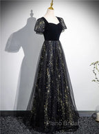 A-line Black Tulle and Velvet Long Party Dresses, Black Formal Prom Dresses