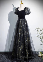 A-line Black Tulle and Velvet Long Party Dresses, Black Formal Prom Dresses