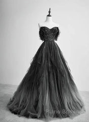A-Line Black Tulle Ballgown Long Party Dresses Beadings Evening Dresses Formal Prom Dresses