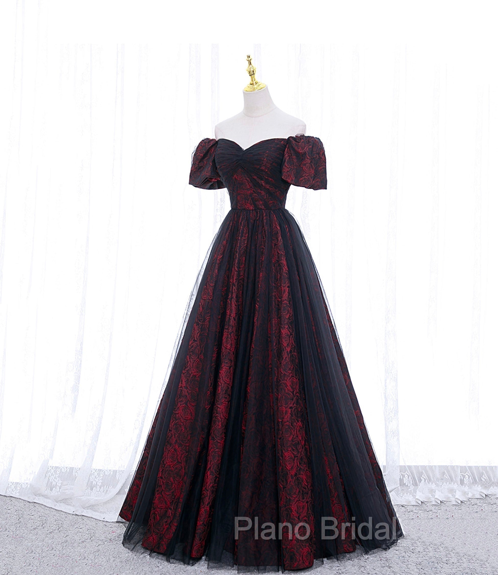 A-line Black Tulle Long Formal Prom Dresses Evening Dresses