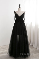 A-Line Black Tulle Long Formal Prom Dresses, Black Formal Evening Dresses