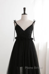 A-Line Black Tulle Long Formal Prom Dresses, Black Formal Evening Dresses