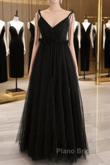 A-Line Black Tulle Long Formal Prom Dresses, Black Formal Evening Dresses