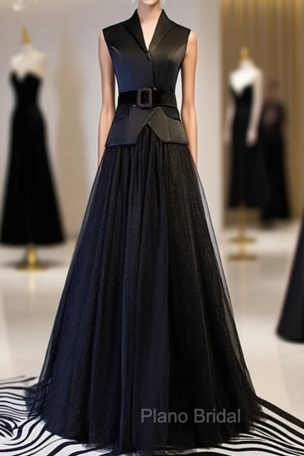 A-Line Black Tulle Satin V-neck Formal Prom Dresses With Sash
