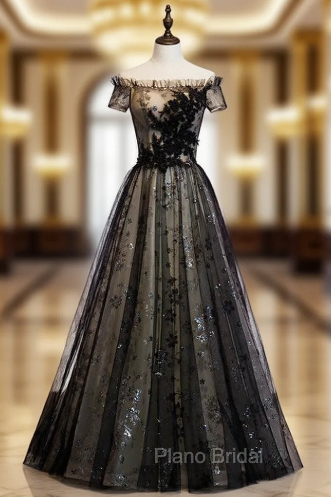 A-Line Black Tulle Sequins Off the Shoulder Long Formal Prom Dresses Main image